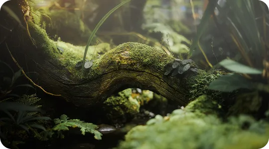 Close-up of a moss-covered log and plants in a forest with soft natural light.